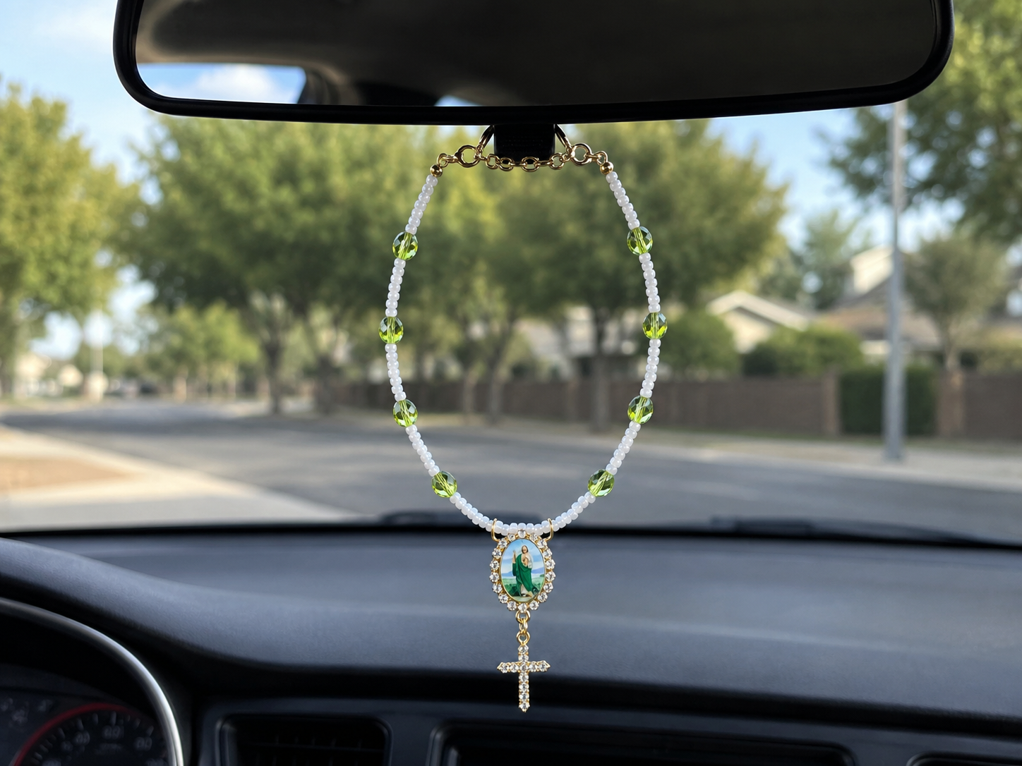 Green & White San Judas Car Rosary