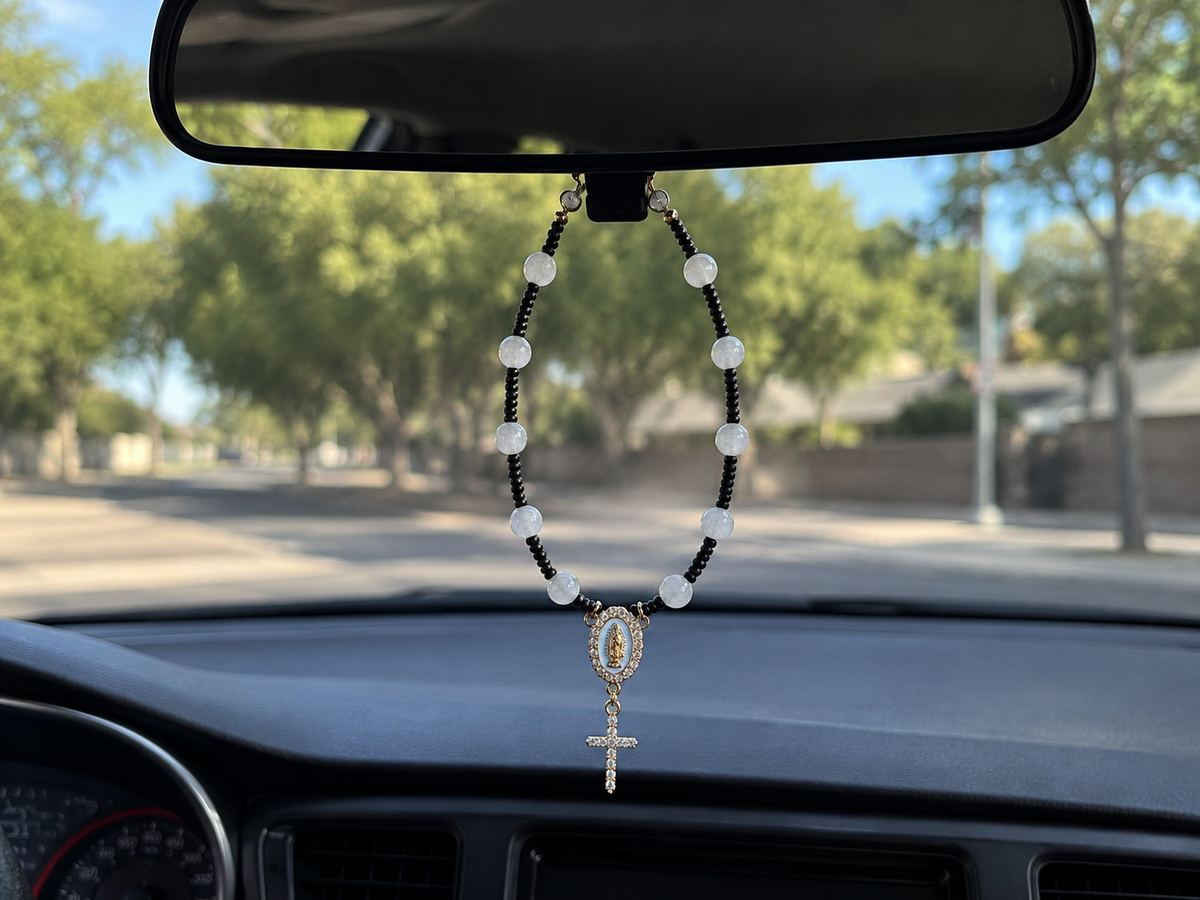 Black & White Virgin Mary Car Rosary